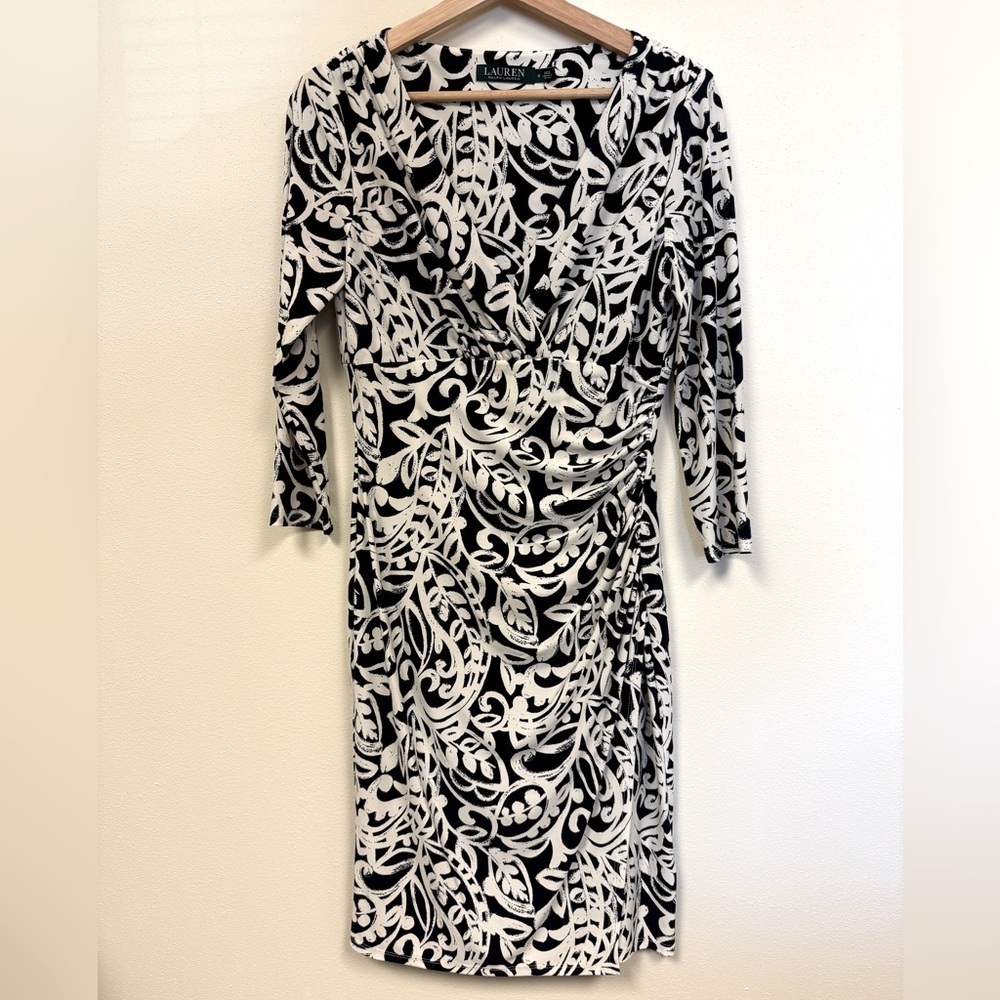 Laruen Ralph Lauren Black and White Elegant Modern Floral Faux Wrap Dress Size 6
